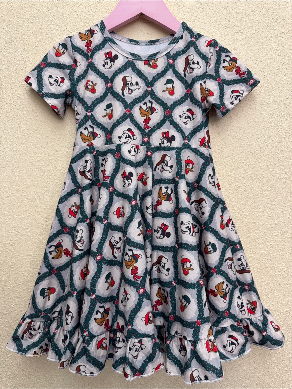 Girls' Holiday Disney Character Print Twirl Dress in Green Red and Cream Size 3T